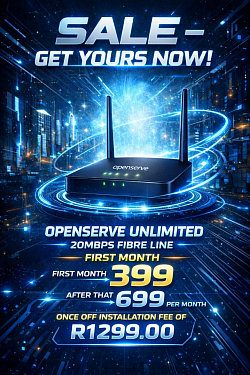 Openserve Unlimited 20Mbps Uncapped Fibre: First month R399, then R699/pm. Once-off installation R1299. Fast, reliable internet in SA – sign up now!