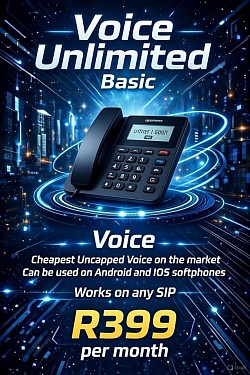 Voice Unlimited Basic: Cheapest uncapped VoIP in South Africa at only R399/pm! Works on Android/iOS softphones & any SIP. Unlimited calls – sign up now!