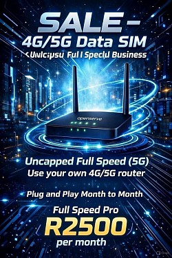 🚀 BOOST YOUR BUSINESS WITH TRUE UNLIMITED SPEED! Uncapped Full Speed (5G) 4G/5G Data SIM – Plug & Play in your own router. Month-to-month, no long contracts! Full Speed Pro – Only R2500/pm 💼 Perfect for demanding business applications. Order today! #Uncapped5G #Business5G #FullSpeedInternet #4G5GSIM #UncappedBusinessDataSA #MonthToMonth5G #PlugAndPlayBusiness #SouthAfrica5G
