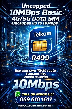 Telkom Uncapped 10Mbps Basic 4G/5G Data SIM – Only R499/pm! Uncapped up to 10Mbps, plug & play in your own router, month-to-month. Reliable mobile internet – order now!